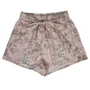 ALYA Floral Linen Blend Shorts Womens L Pink Paperbag Waist Tie Belt Boho